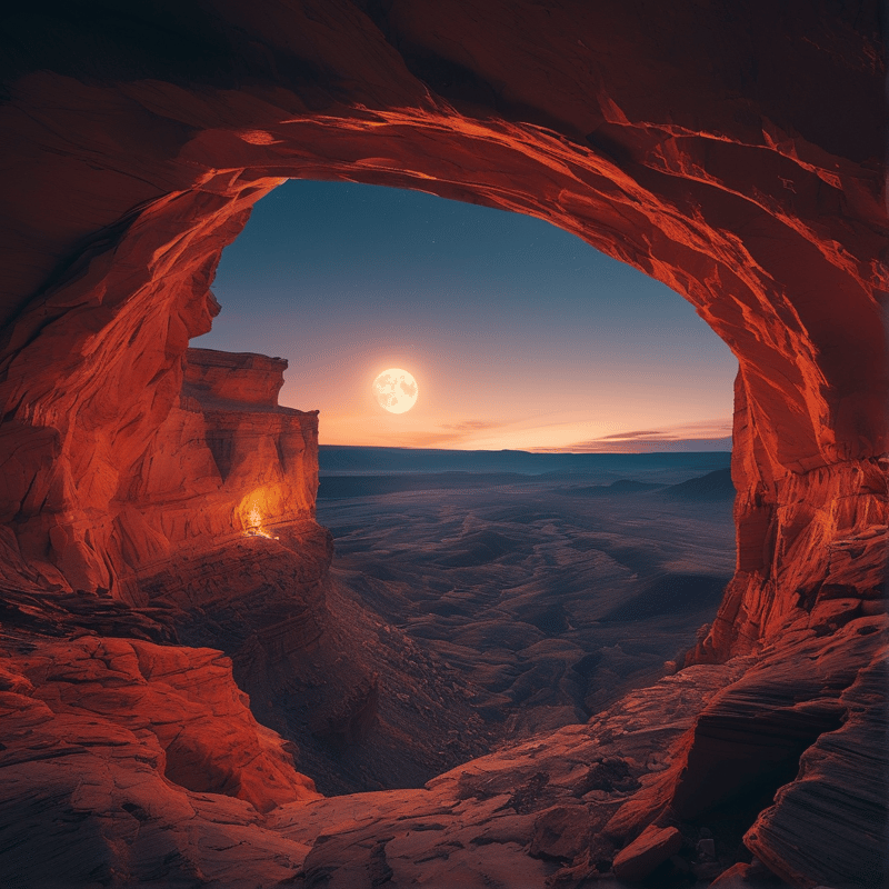 A massive red sandstone arch frames a distant desert plain under a twilight sky with a bright full moon.
