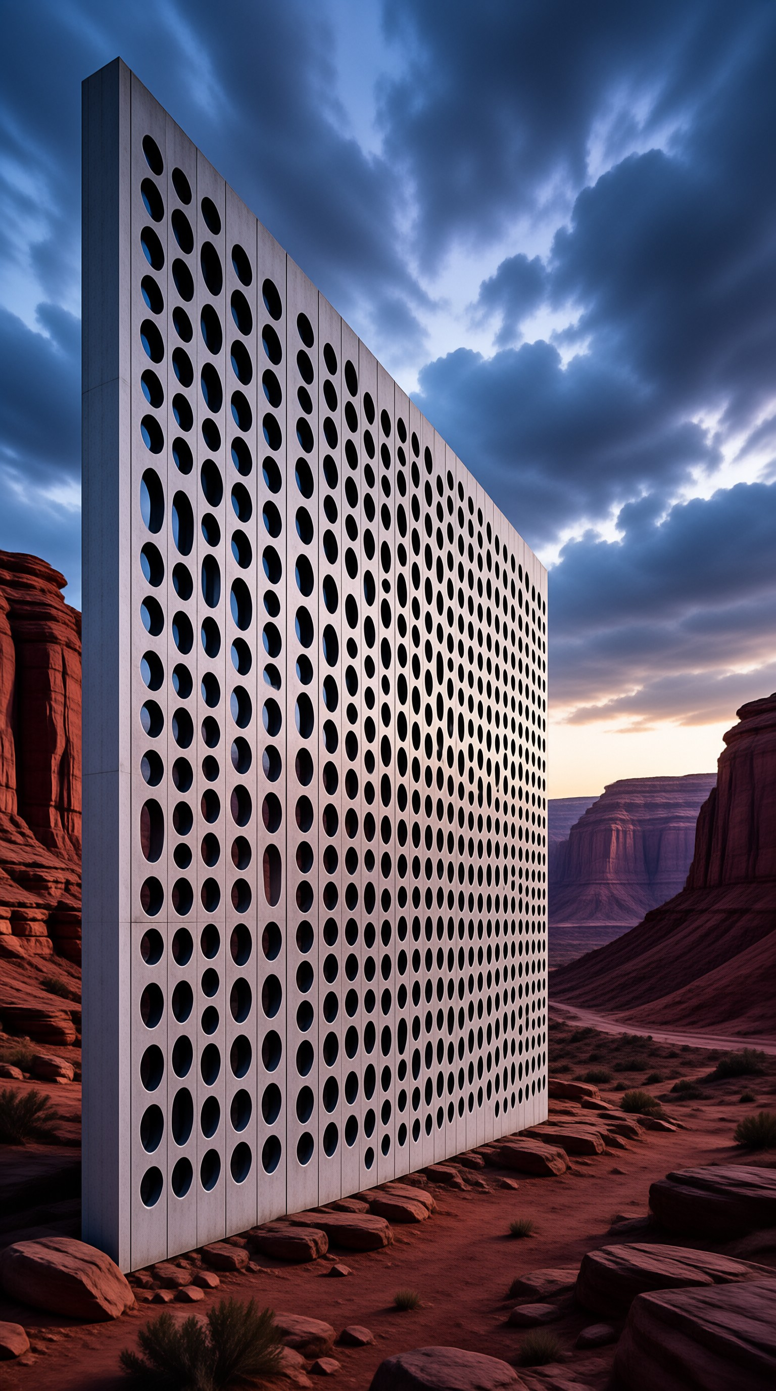 A towering grey facade pierced by rows of round openings stands among red boulders under a dramatic dusk sky.
