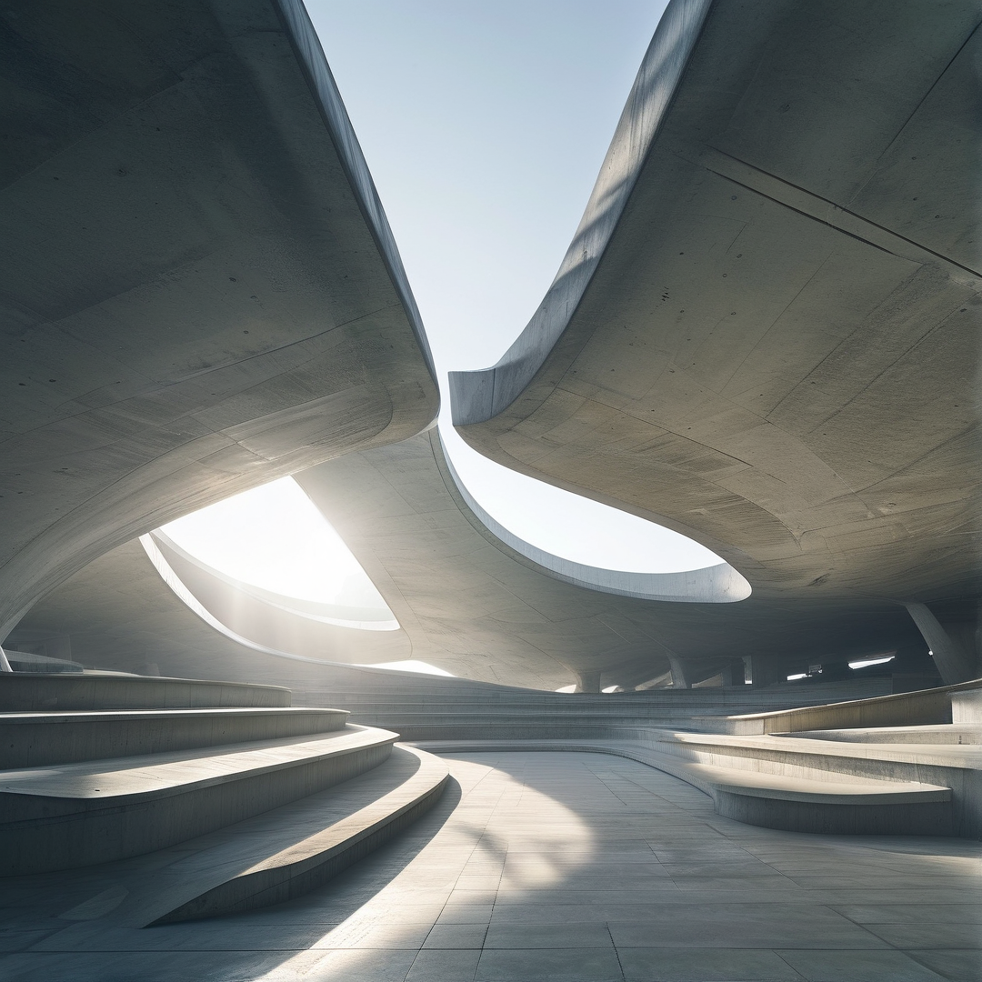 Sunlight streams through openings in a grey concrete structure with curved overhead beams and tiered steps.