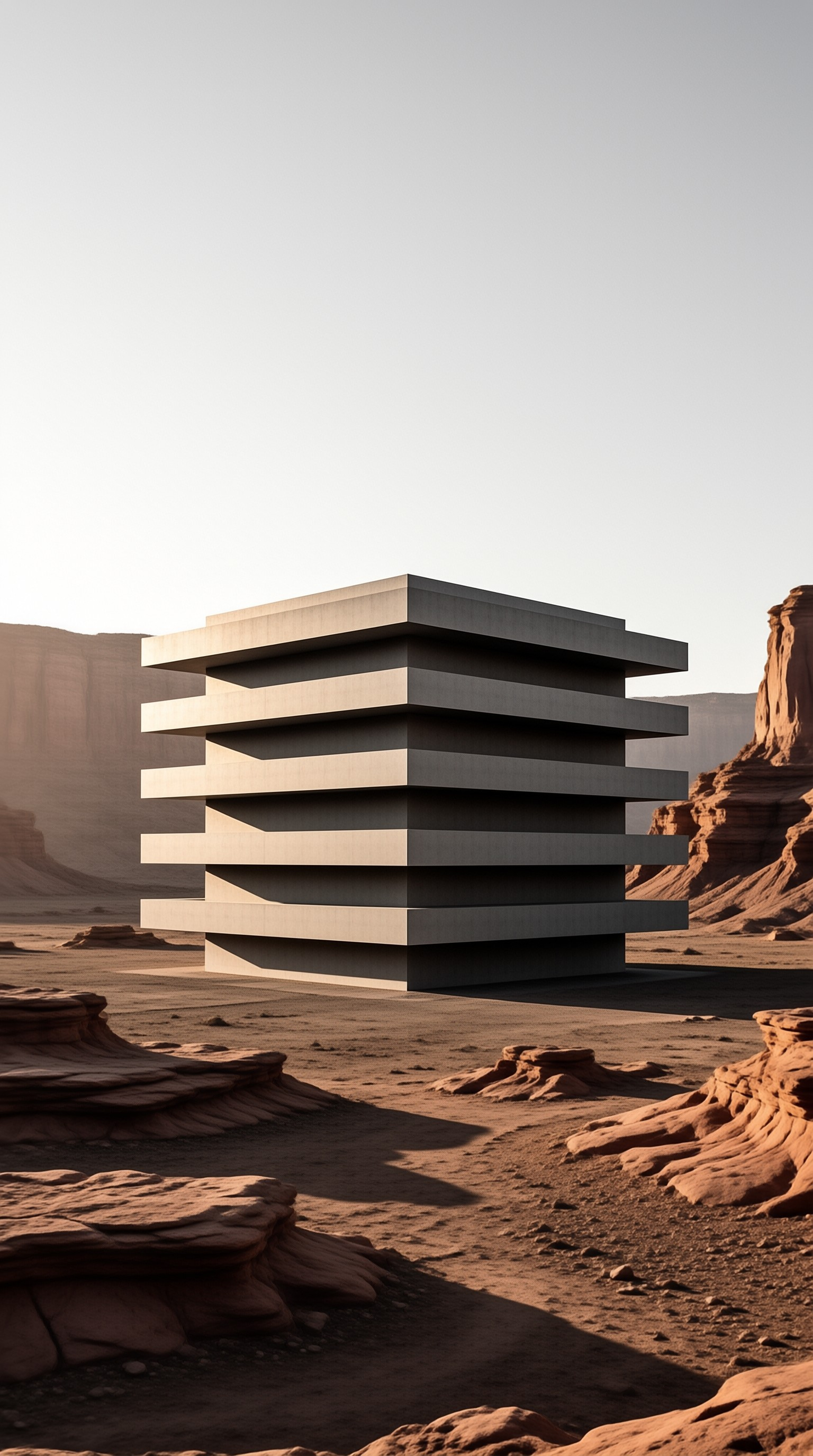 A minimalist tower of stacked horizontal concrete slabs stands alone among red rock formations under a pale sky.