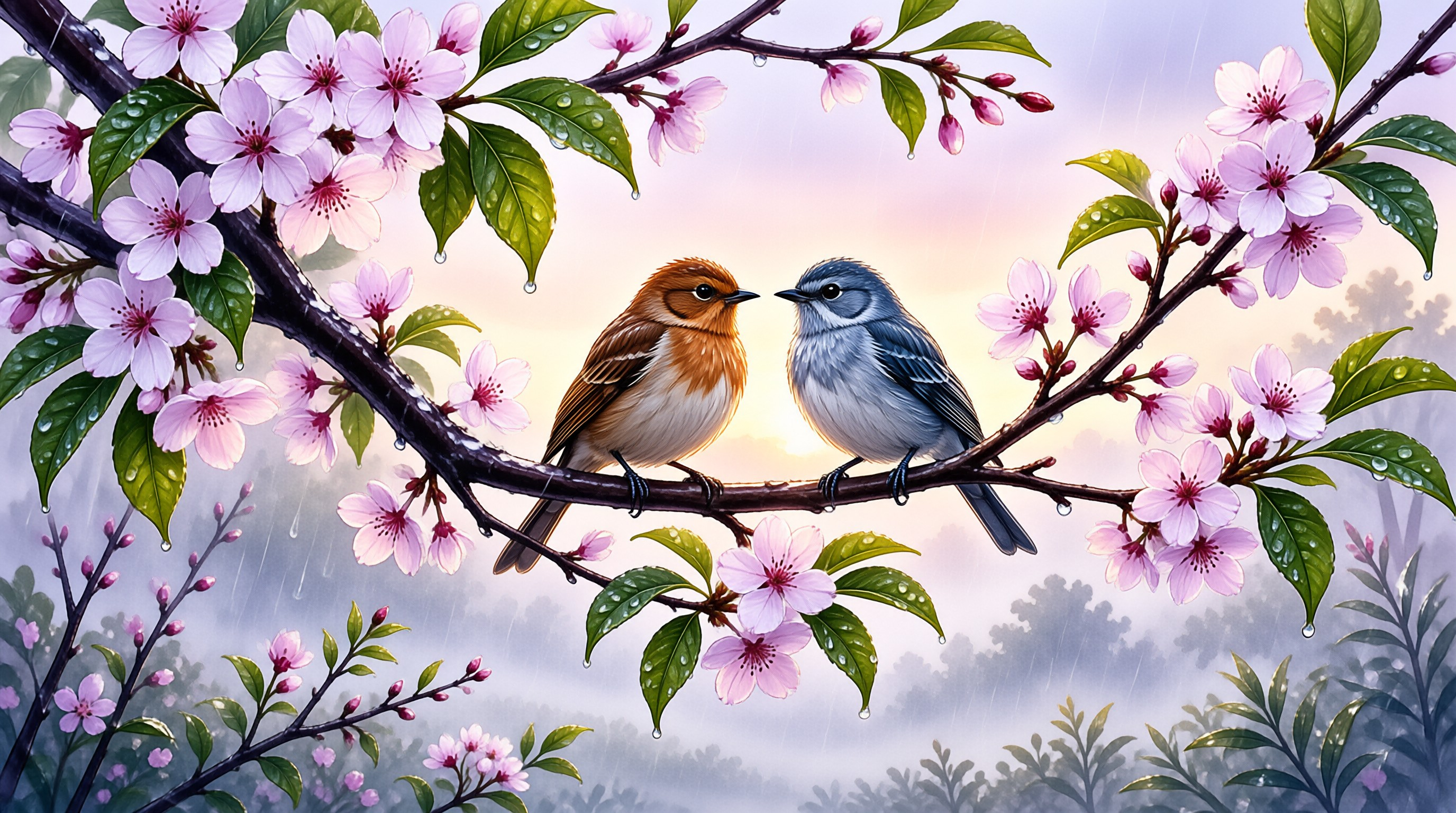 Two small songbirds face each other on a wooden branch amidst pink petals and glistening green foliage in soft light.