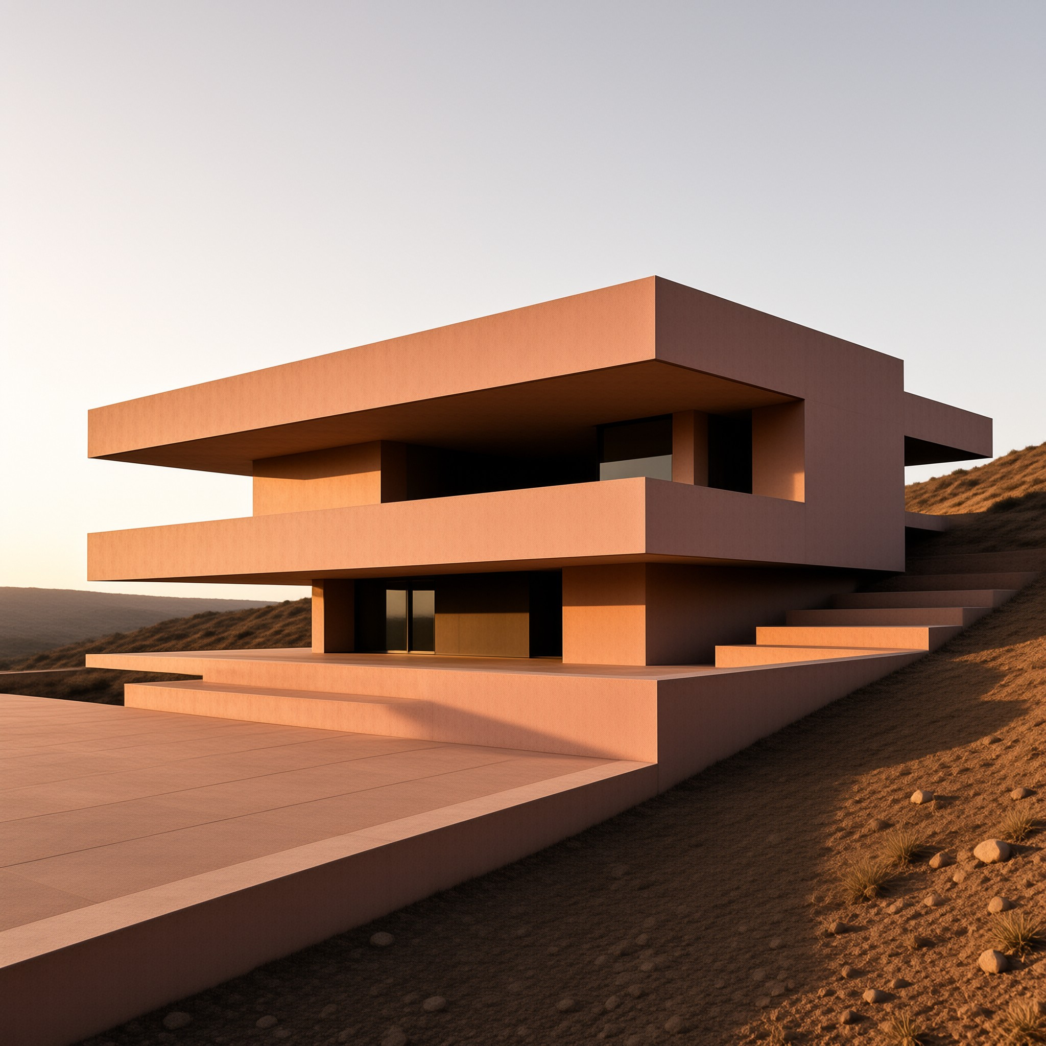 A modern geometric building with terraced steps sits on a sandy slope under warm evening light.