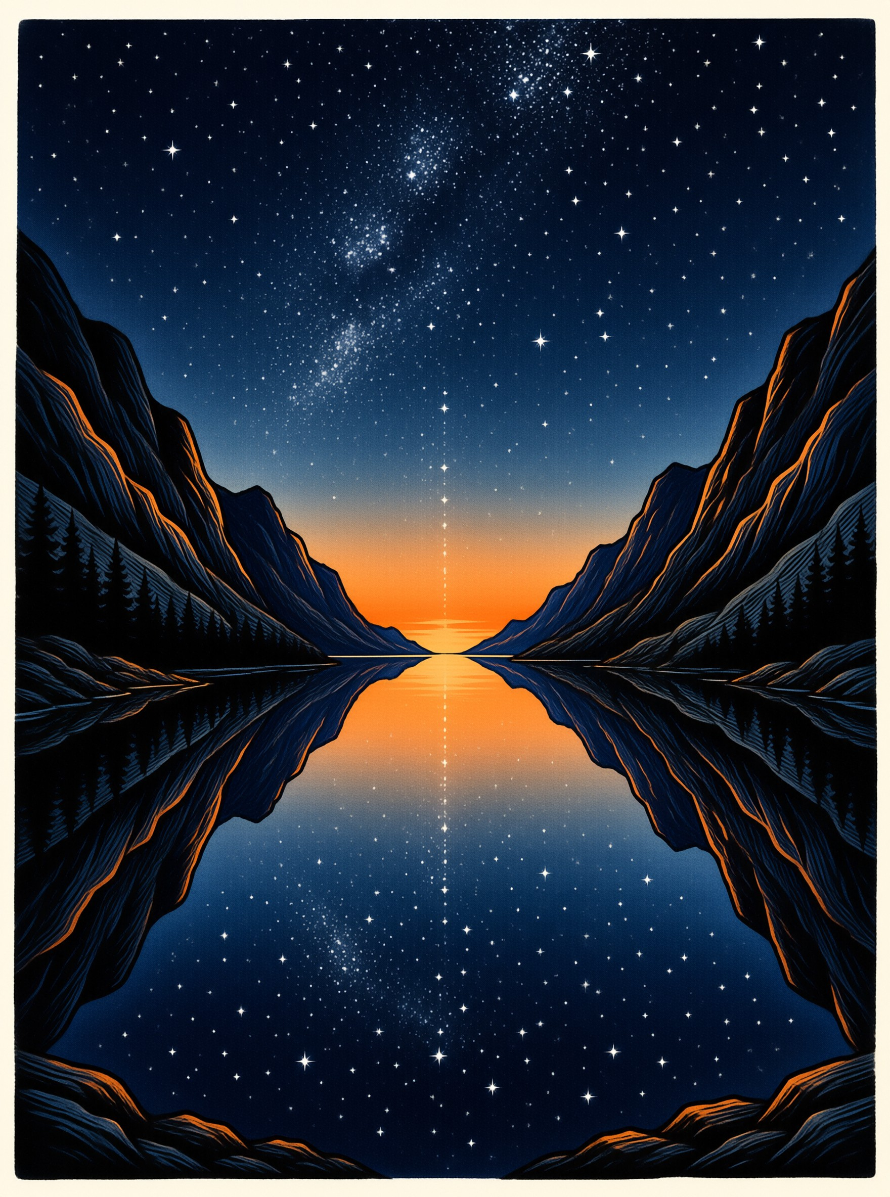Dark cliffs frame a glowing horizon where a ribbon of stars mirrors perfectly in the glassy lake below.