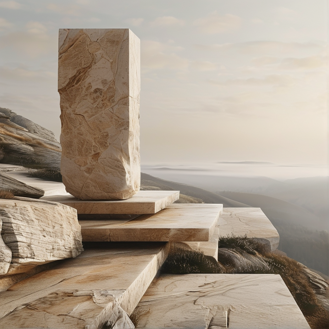 A rough beige stone pillar stands on a stack of flat slabs overlooking a foggy landscape.
