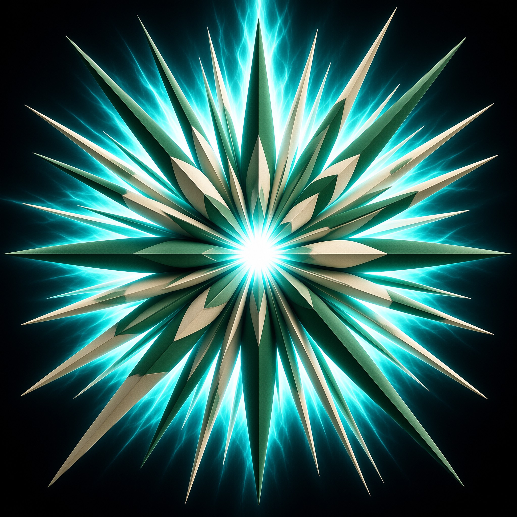 A symmetrical cluster of sharp pale angular crystal spikes radiates from a bright white core framed by glowing cyan lightning on black