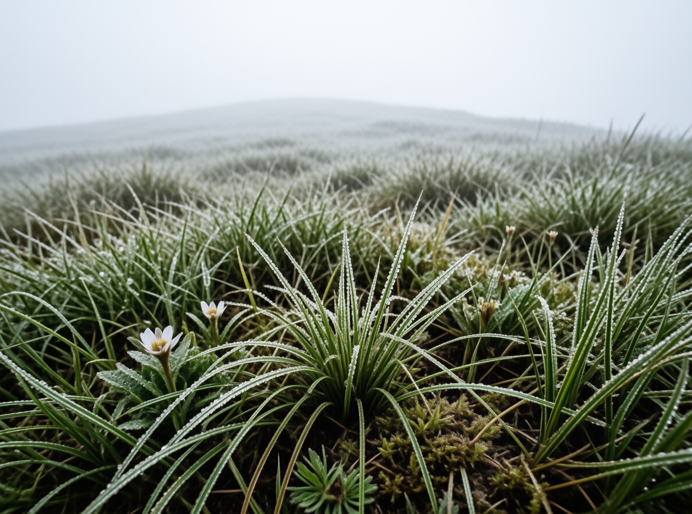 Tiny white wildflowers bloom among frosty green grass blades beneath a hazy gray sky.