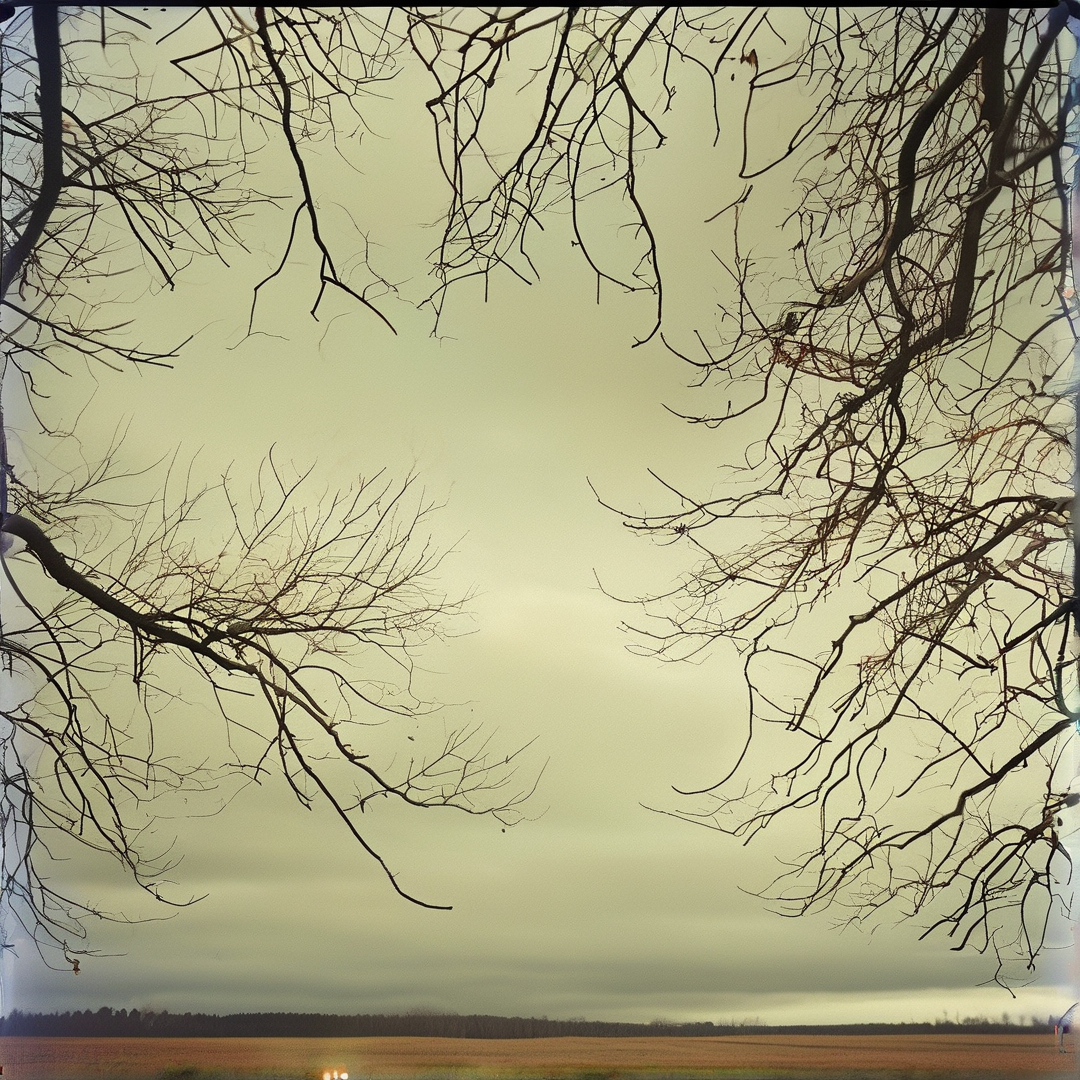 Dark leafless branches surround a soft yellowish sky above a distant open grassy landscape.