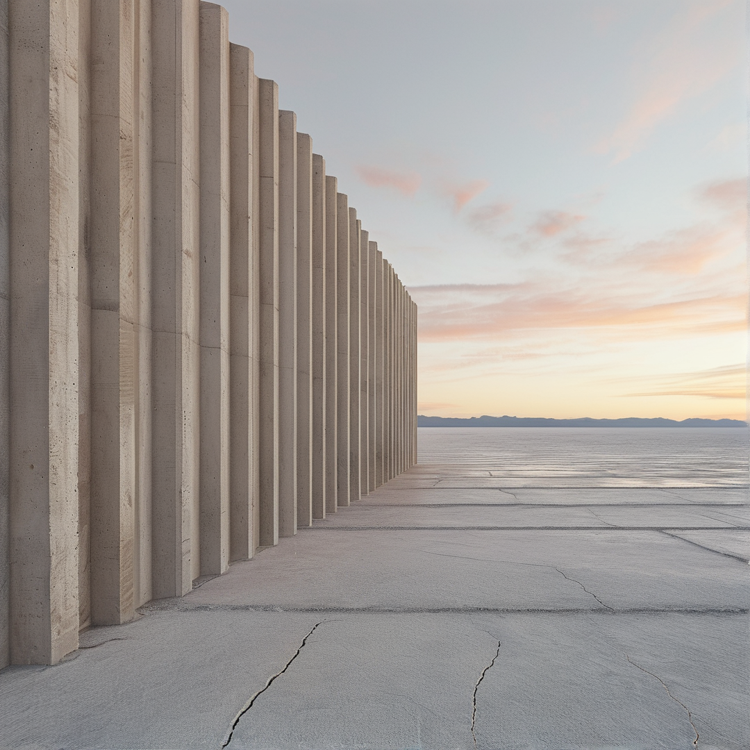 A repeating concrete colonnade extends along a cracked white salt flat under a soft pastel sunset sky with distant mountains.
