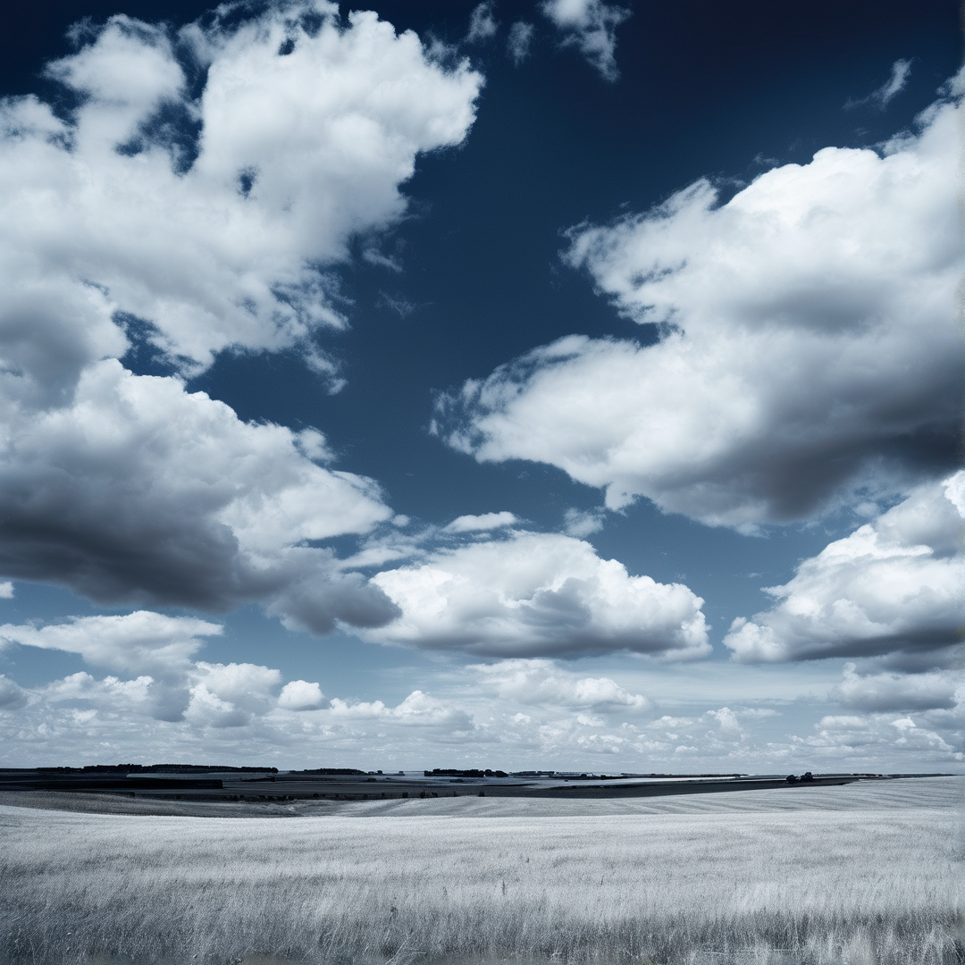 A wide expanse of white terrain meets a distant dark horizon line below a sky filled with large fluffy clouds.