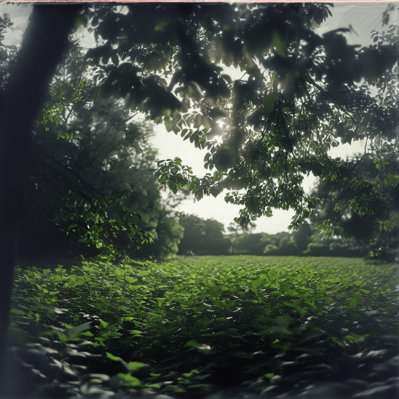 Sunlight passes through overhanging tree leaves to brighten a wide stretch of lush low green undergrowth at the forest edge.