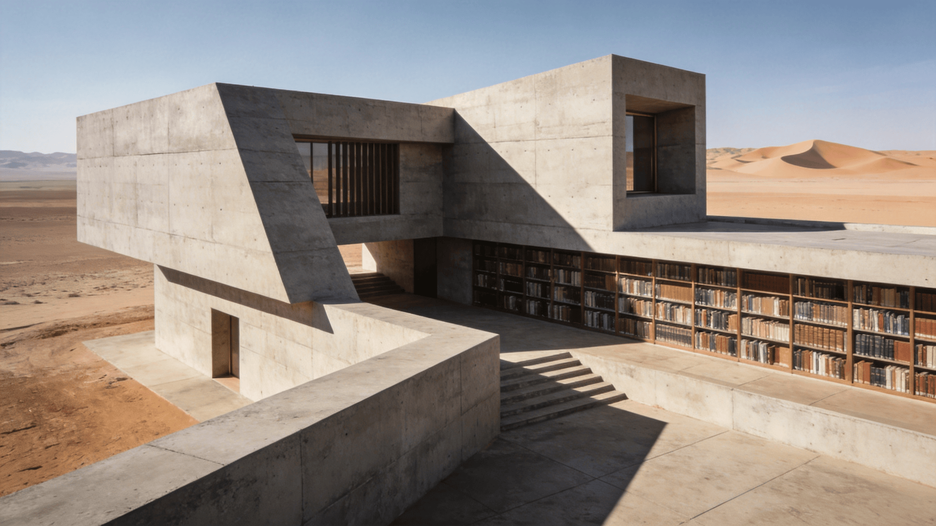 Library with Brutalist Massing — Desert Plain
