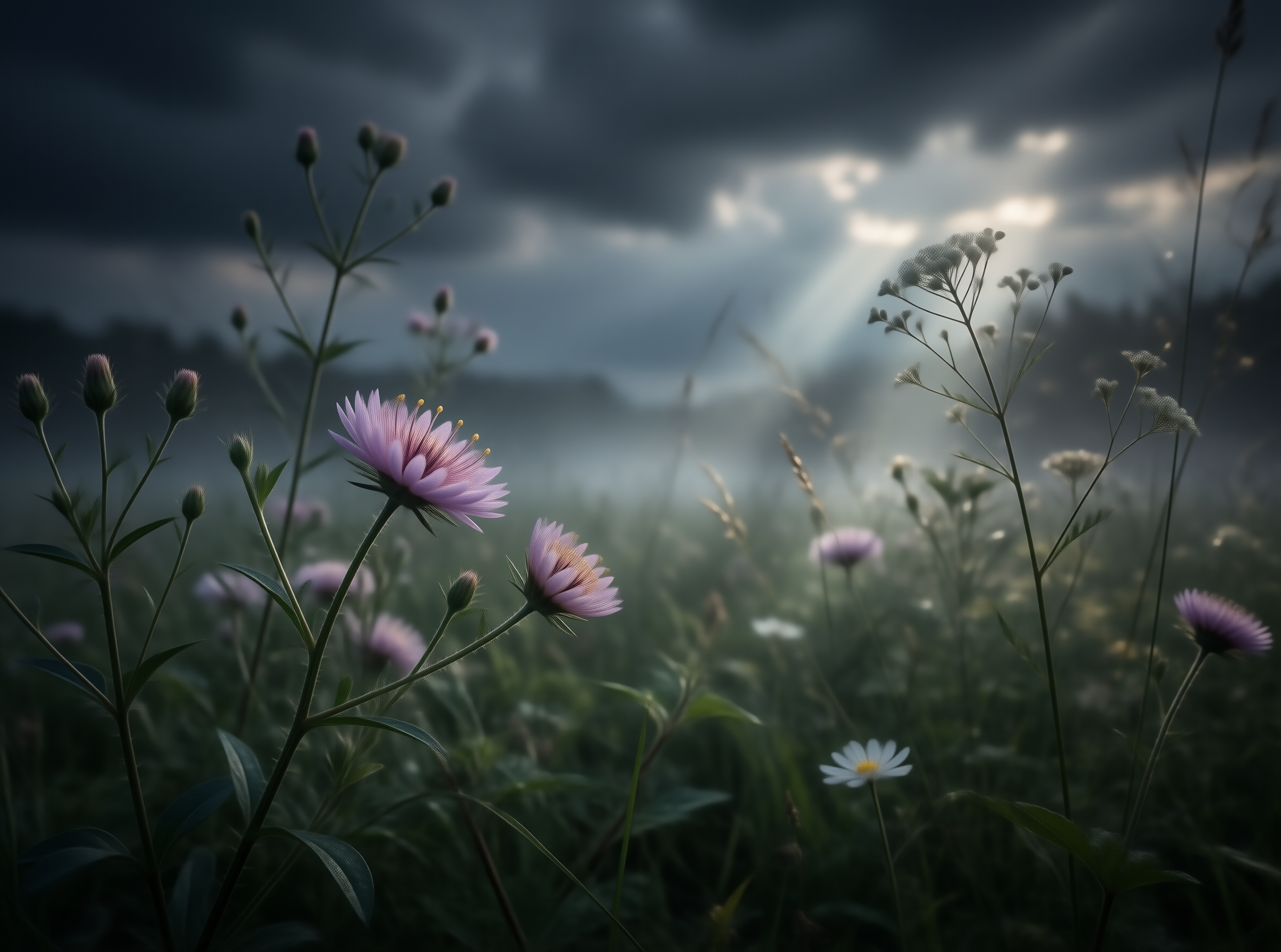 Stormlit Wildflower Meadow Landscape