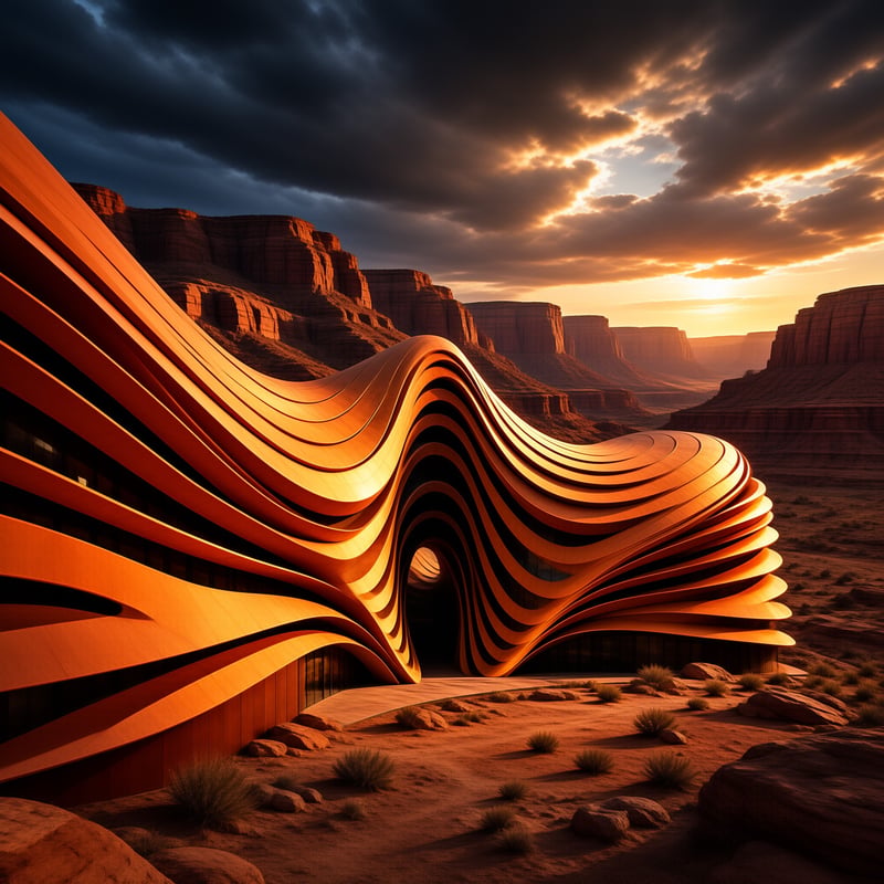 A curving orange building sits in a desert valley with red cliffs under a cloudy sunset sky
