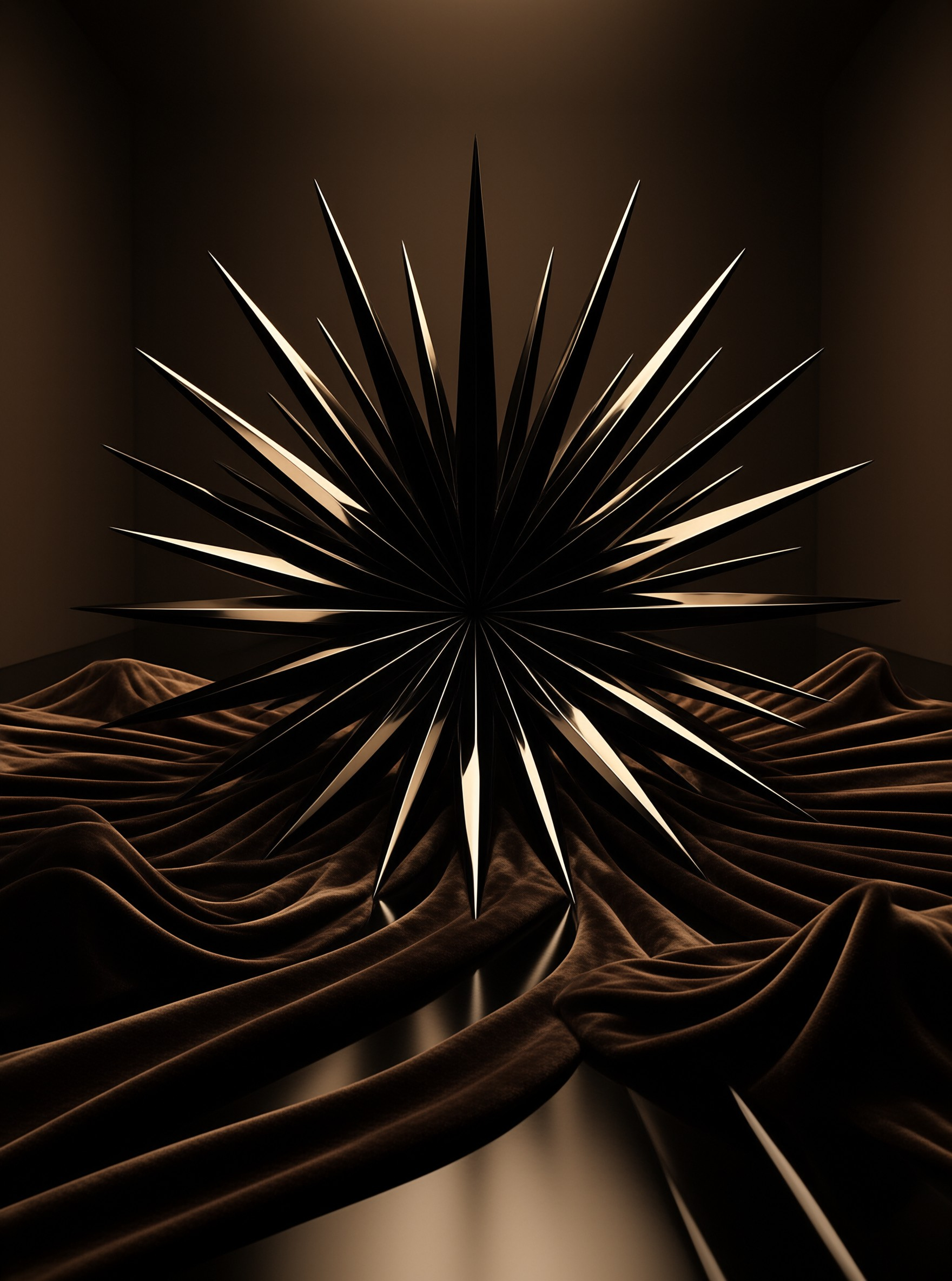 A sharp black geometric star form rests upon folded brown fabric with dramatic lighting highlighting its edges.