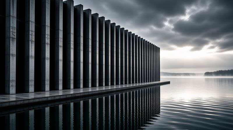 A row of tall grey concrete columns mirrored in calm water beneath a moody overcast sky.