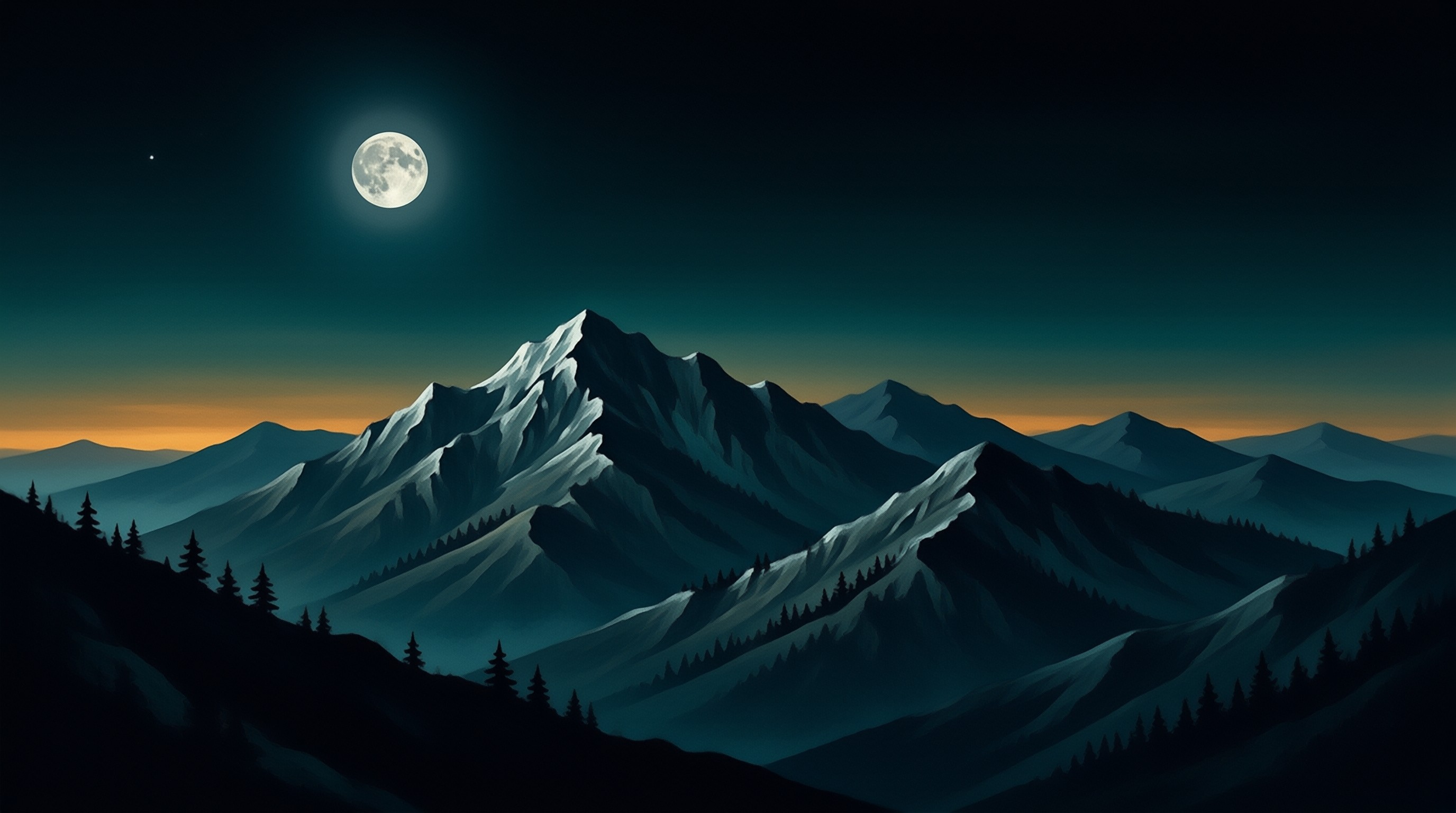 A luminous full moon shines above jagged snowy peaks with a glowing orange horizon and dark foreground trees.