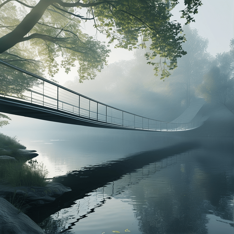 A slender metal footbridge curves across a misty lake, framed by overhanging tree branches and reflected in the still water.