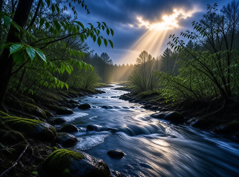 Bright rays break through dark storm clouds above a rocky creek winding between moss-covered trees in a green forest.