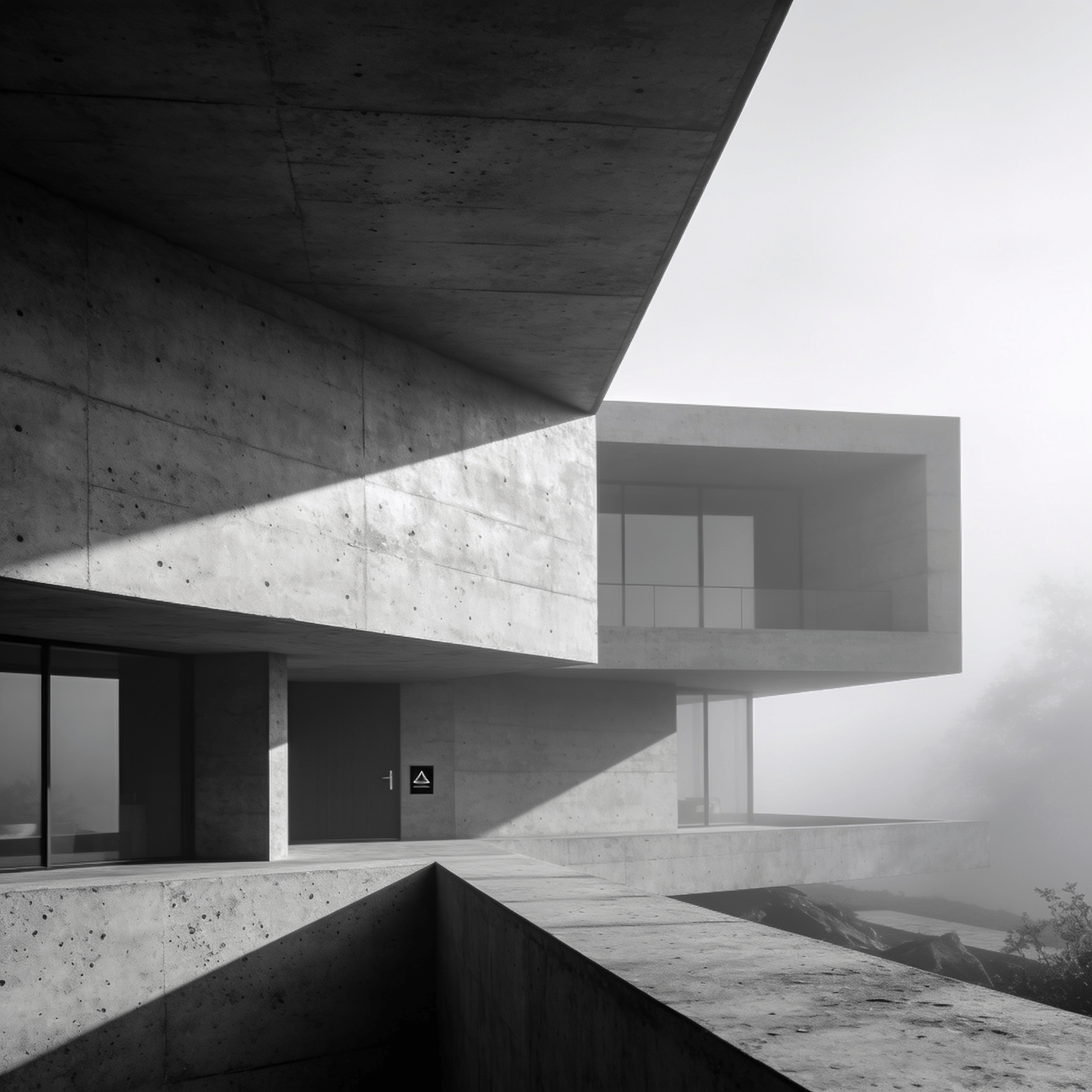 Villa with Brutalist Massing — Foggy Morning