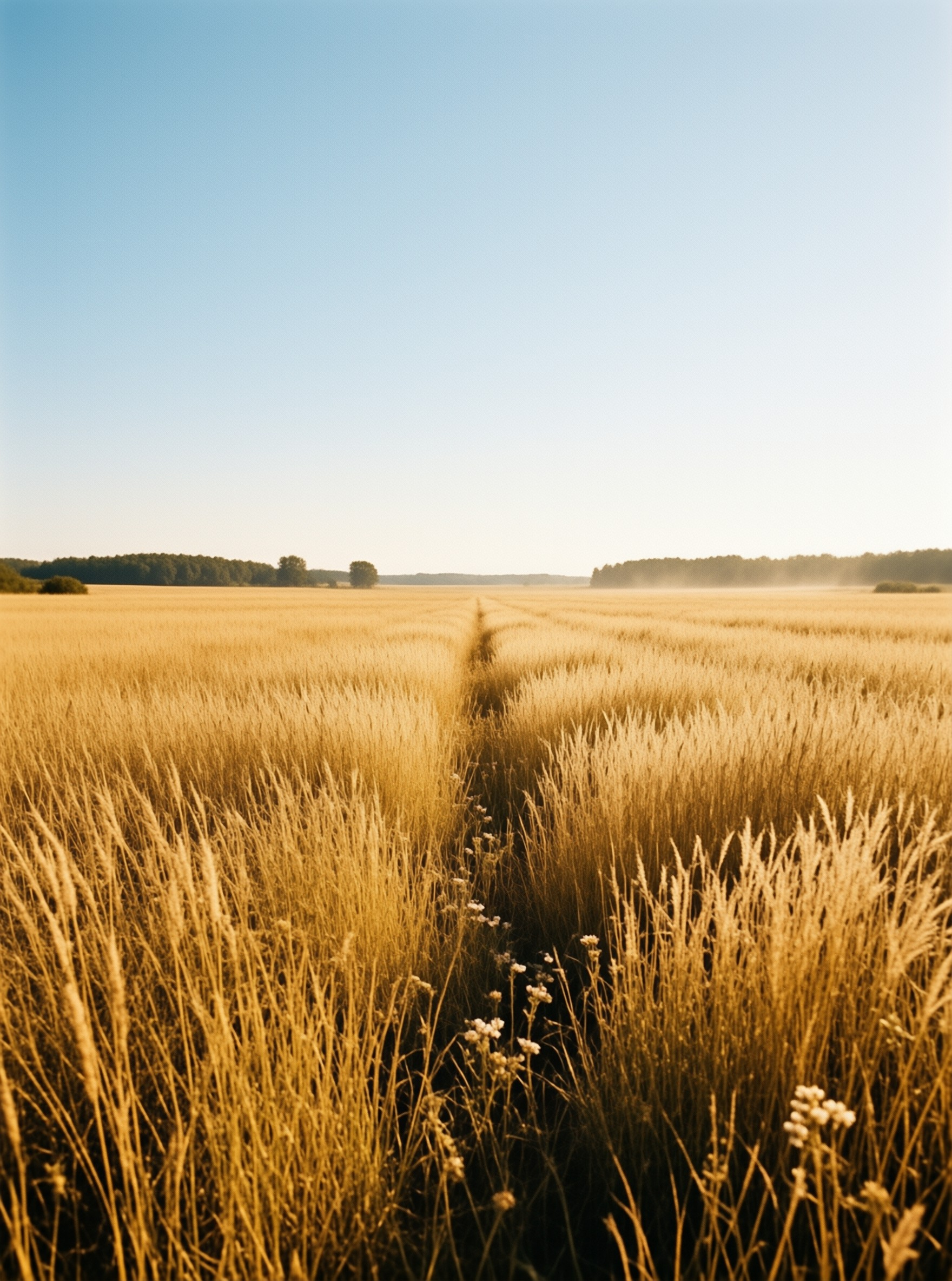 A dirt path runs through ripe golden wheat fields, low tree line marks the horizon, small white wildflowers dot path sides.