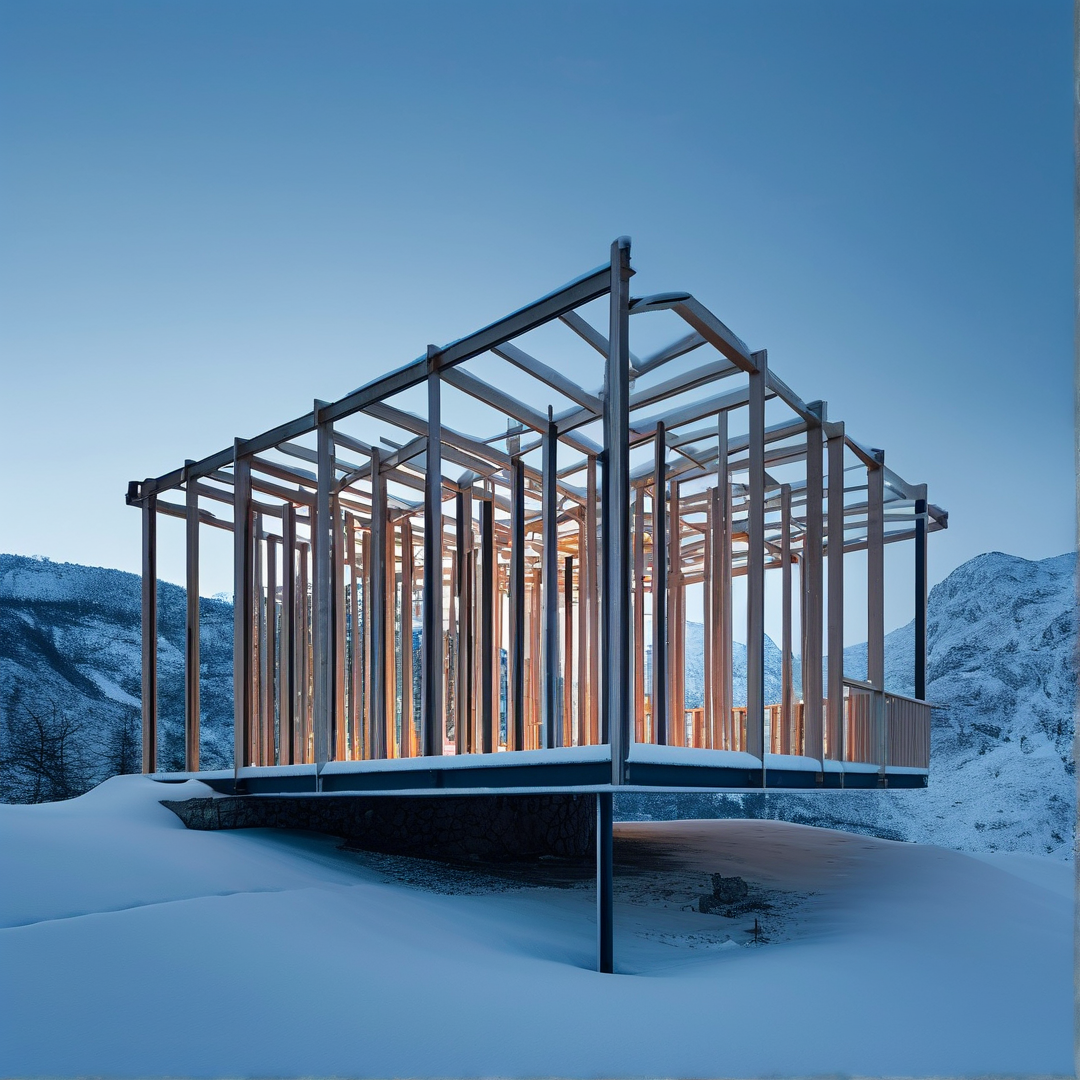 An unfinished wooden building skeleton stands illuminated against a backdrop of snow-covered mountains during the blue hour.