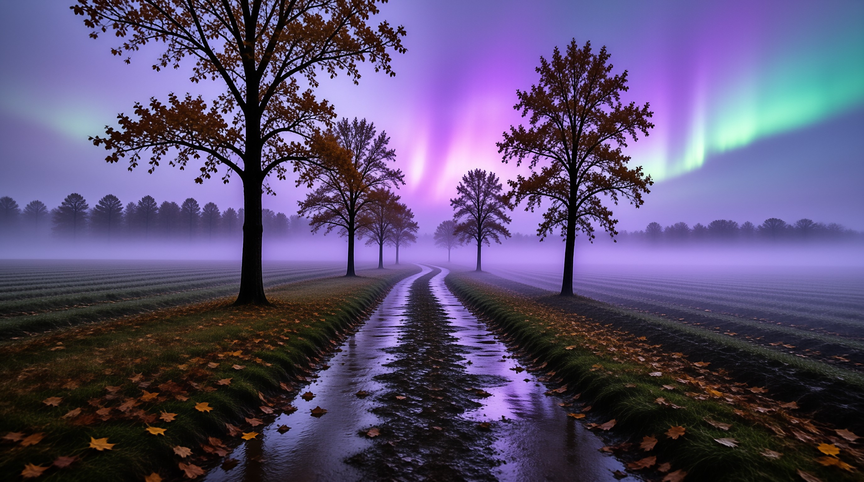 Misty Path Under Aurora