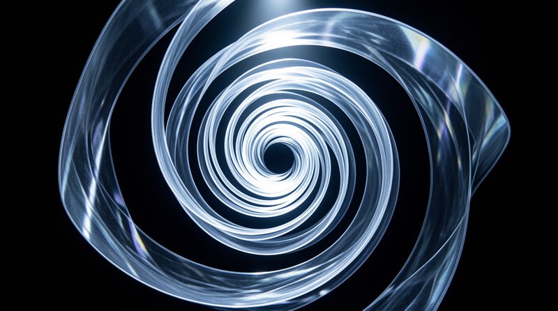A translucent twisting blue spiral tube forms a dark vanishing point passage with faint rainbow reflections along its curved outer edges