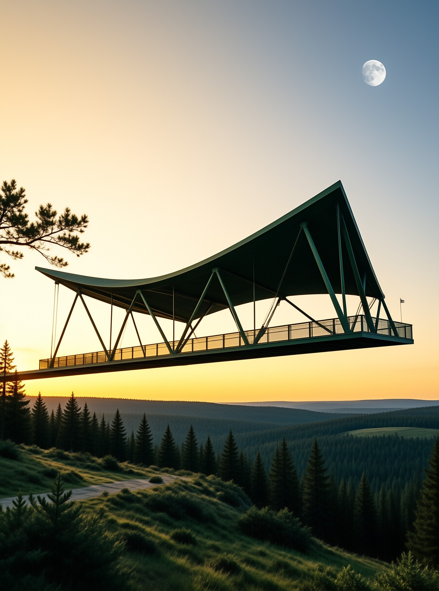 A large angular green bridge spans a vast pine forest valley under a bright moon during golden hour sunset.