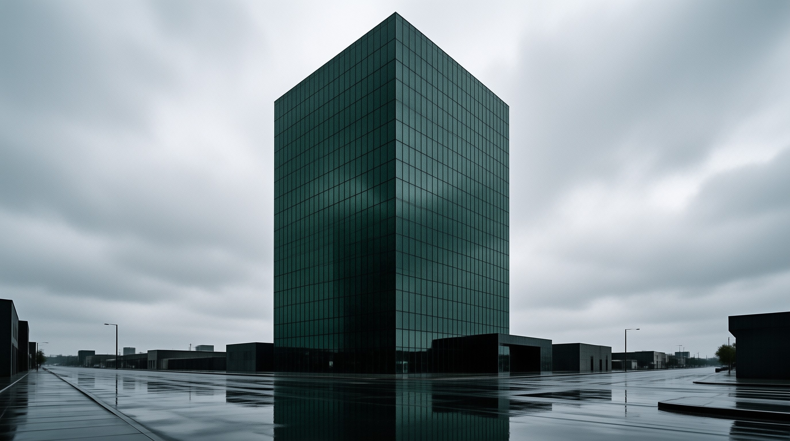 A single dark glass skyscraper stands on a rain slicked plaza reflecting clouds under an overcast sky