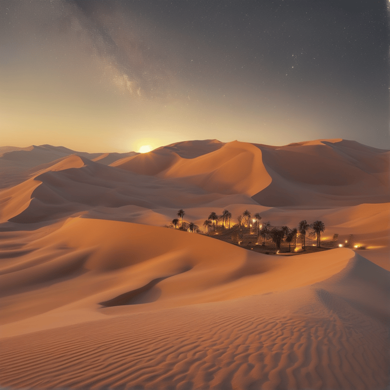 Desert sand dunes glow orange at sunset behind a small grove of palm trees lit by warm artificial lights under a starry sky.