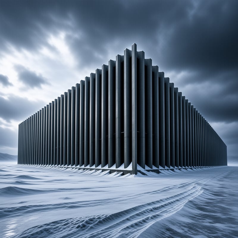 A massive structure of vertical concrete beams stands in a snow-covered plain under dark clouds