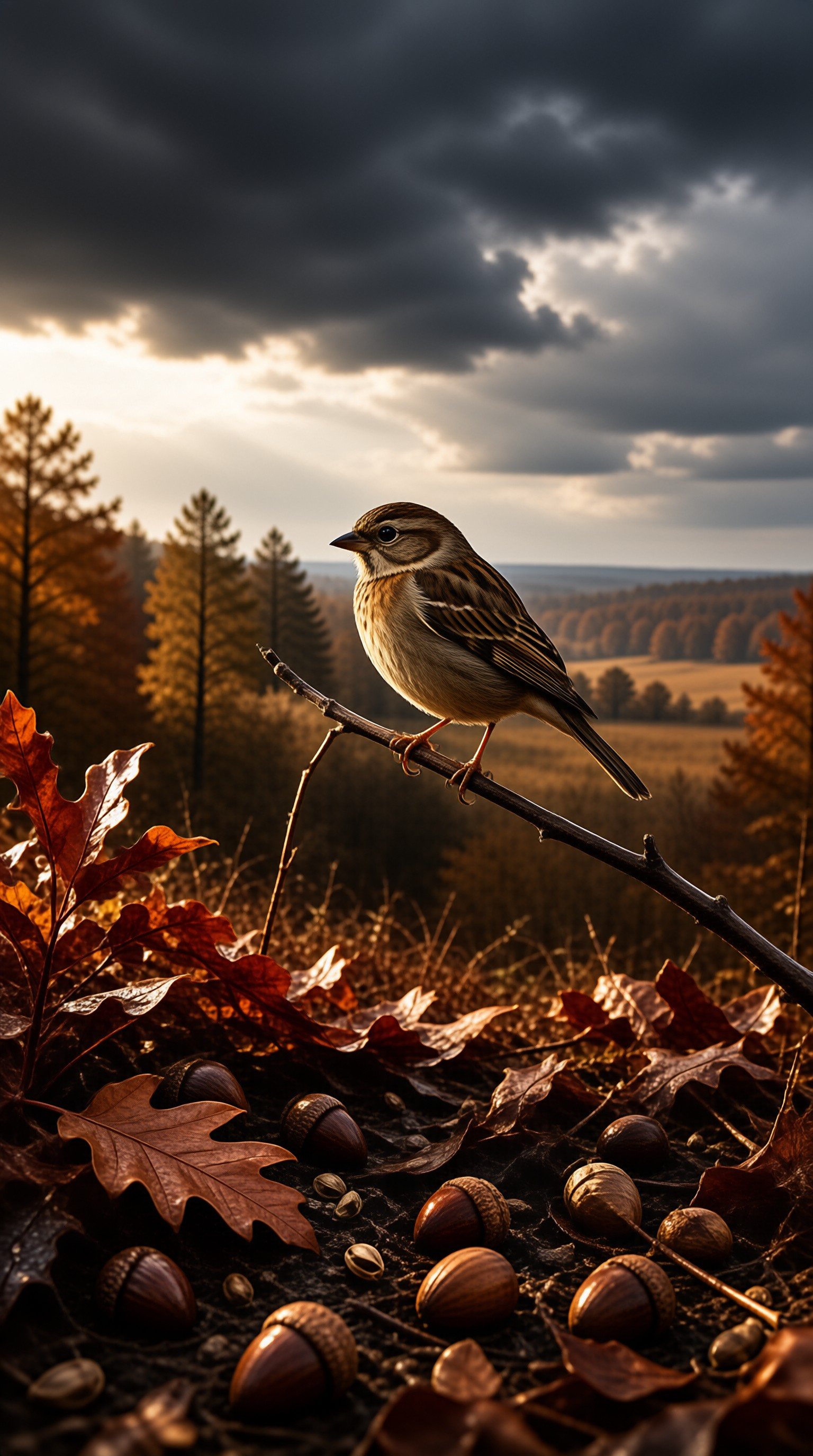 A small brown songbird perches on a slender twig above oak leaves and acorns, backlit by golden light under dark clouds.