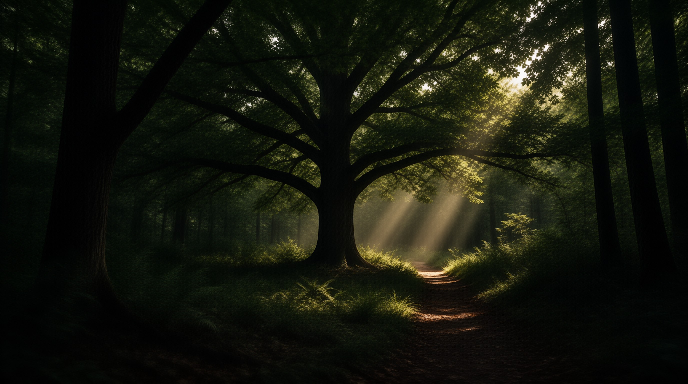 A large oak tree stands in a dark forest while bright sunbeams shine through the leaves onto a dirt path.
