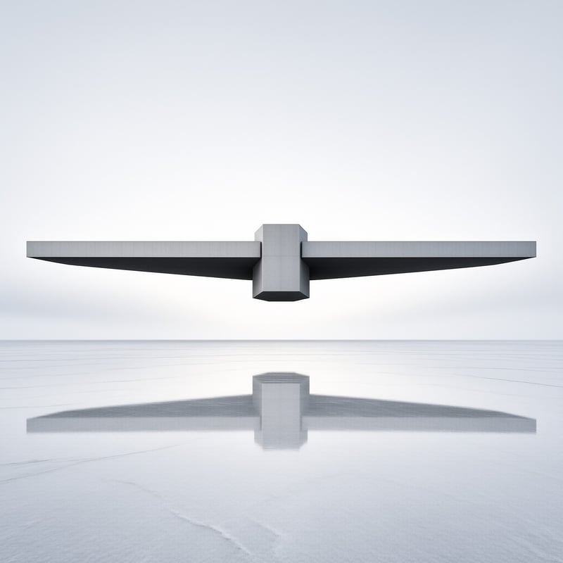 A grey geometric folded wing structure sits mirrored above a vast hazy white salt flat in bright even overcast light.