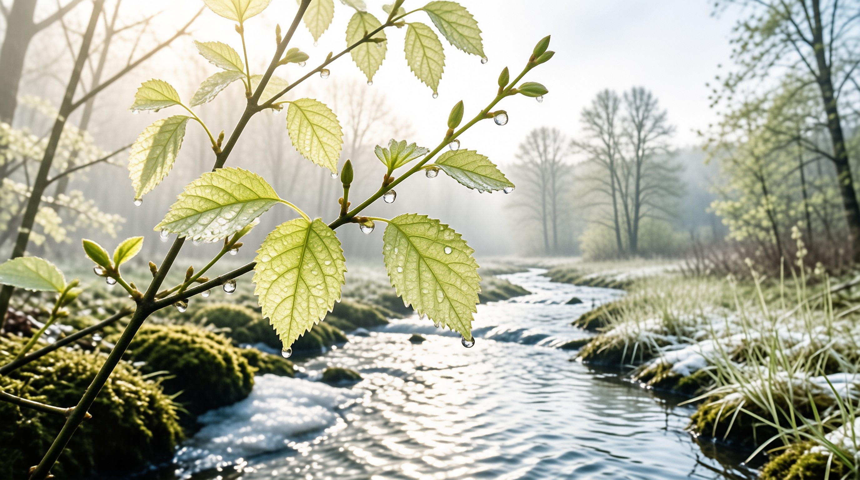 Fresh green leaves covered in water droplets hang over a misty stream flowing through a quiet forest on a calm morning.