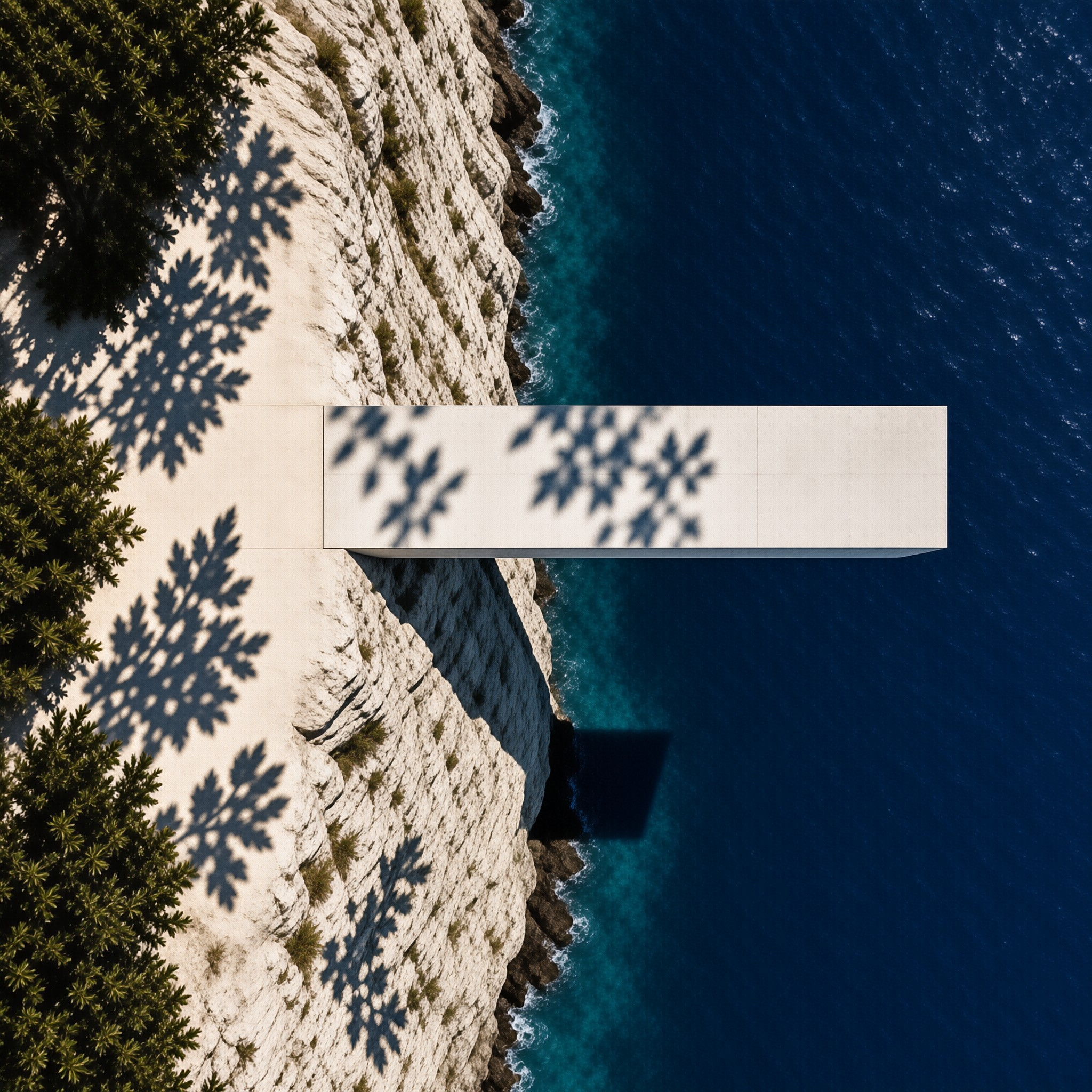 A stark white rectangular structure projects from a rugged white cliff face into deep blue water while dark branch shadows fall across the bright surfaces.