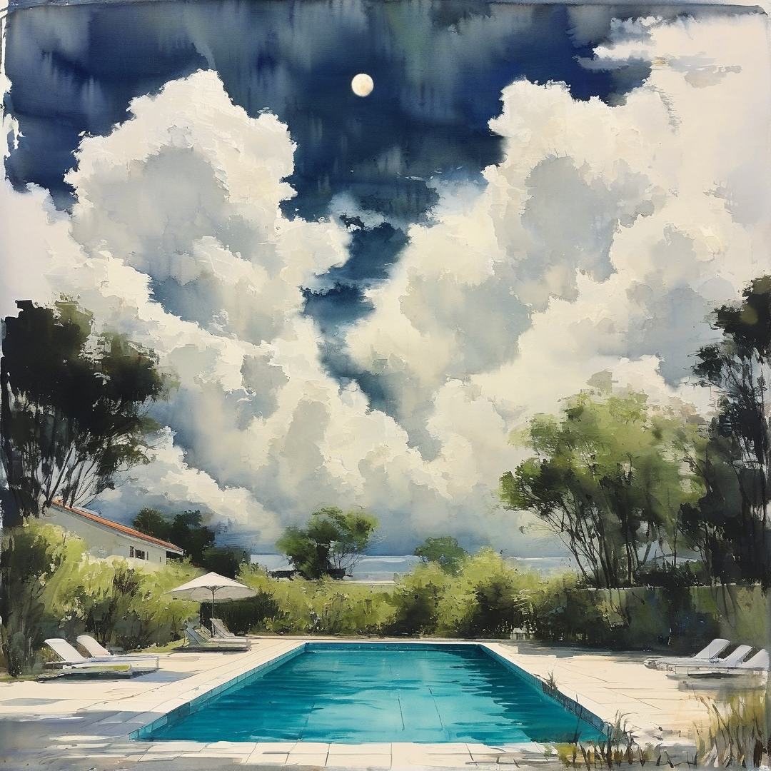A turquoise swimming pool sits in a garden surrounded by lush trees while enormous white clouds fill the deep blue sky.