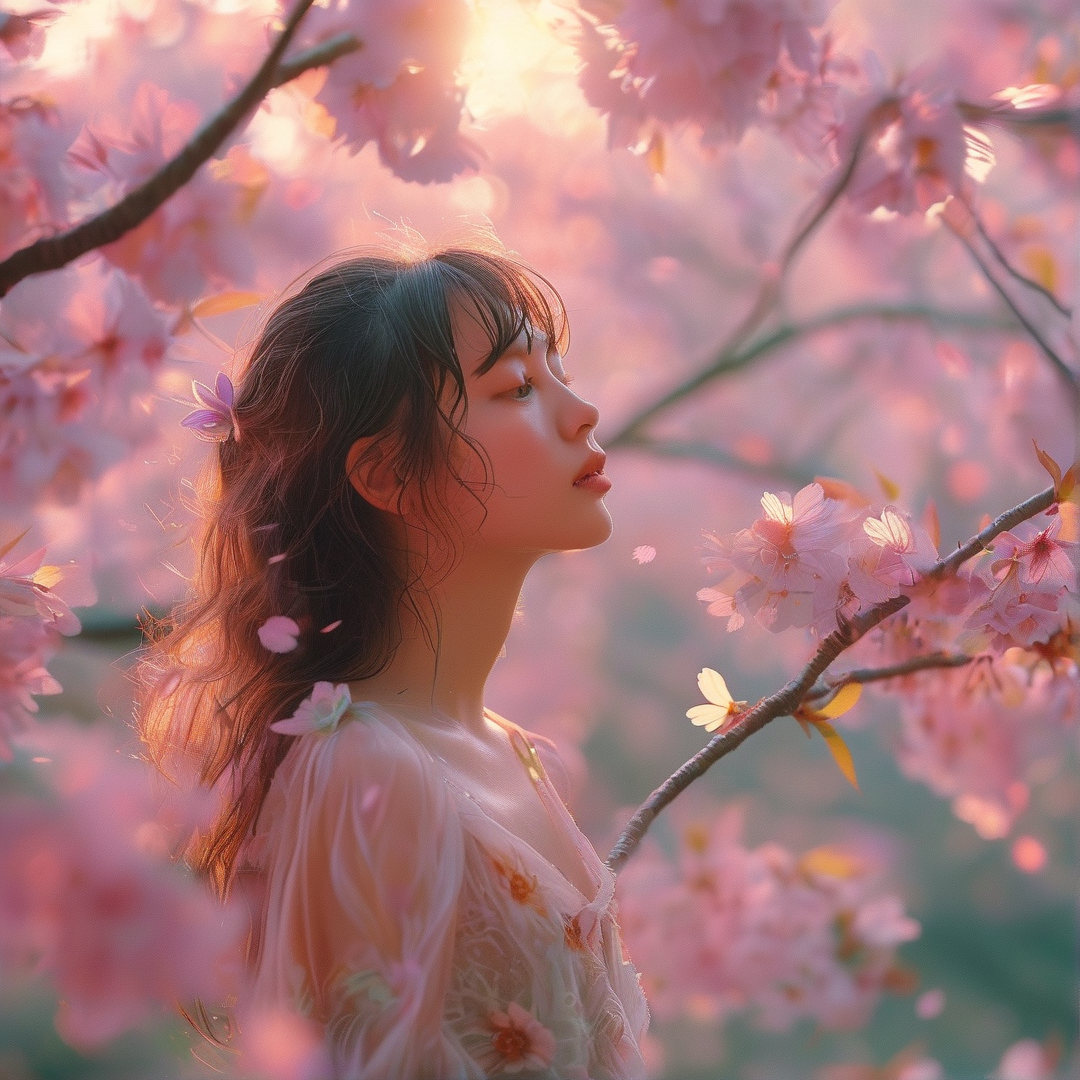 A side profile of a woman wearing sheer fabric surrounded by pink cherry blossoms in warm sunlight.