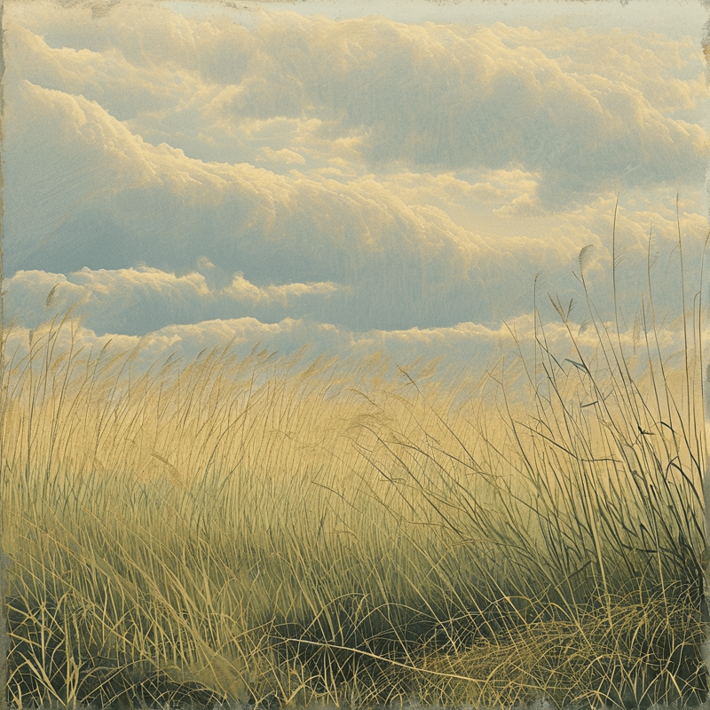 Tall yellow grasses bend rightward across the foreground while layers of illuminated clouds stretch across the upper sky.