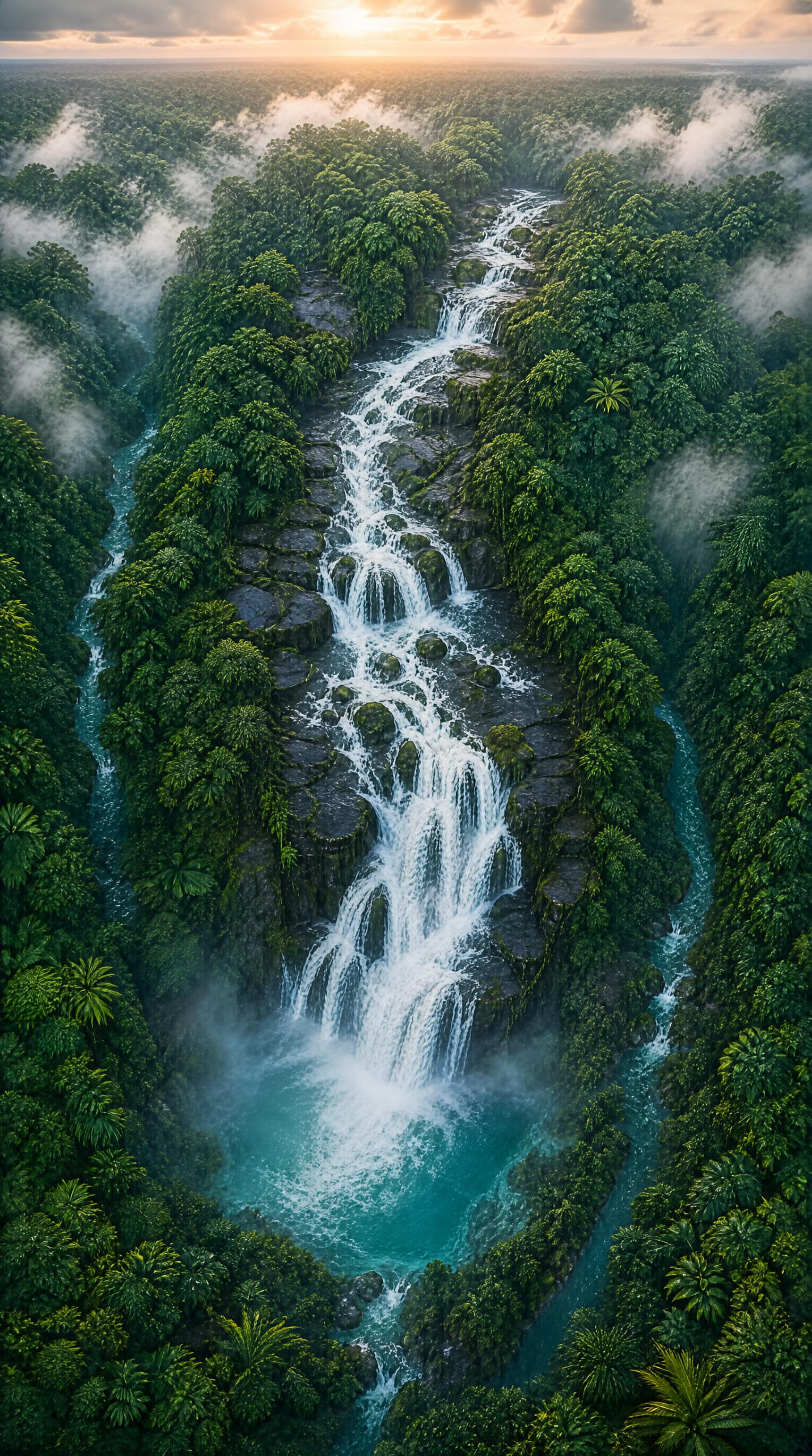 Tropical Rainforest Waterfall Aerial View