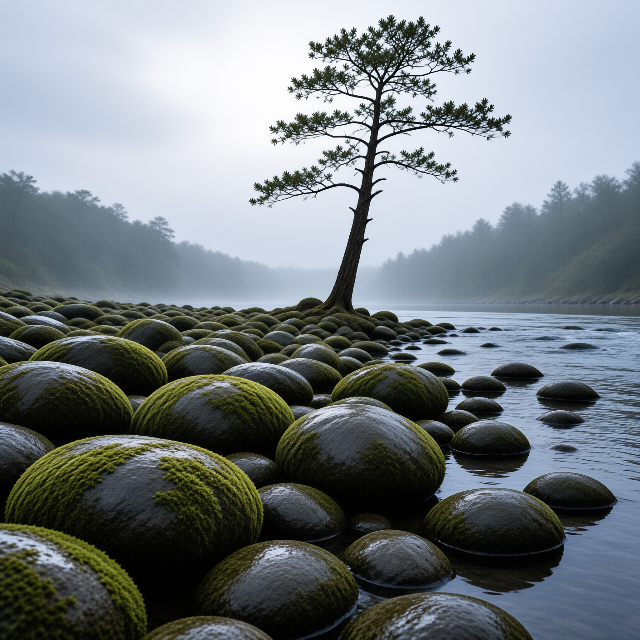 Solitary Tree in Misty River