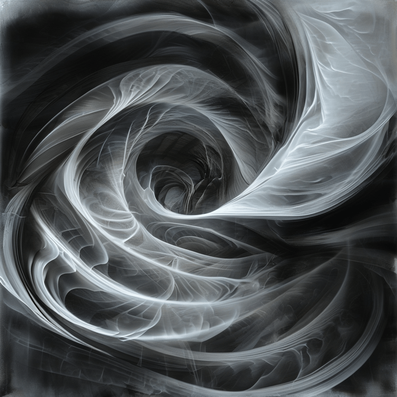 An abstract monochrome composition of luminous grey filaments coiling in a spiral toward a deep central void.
