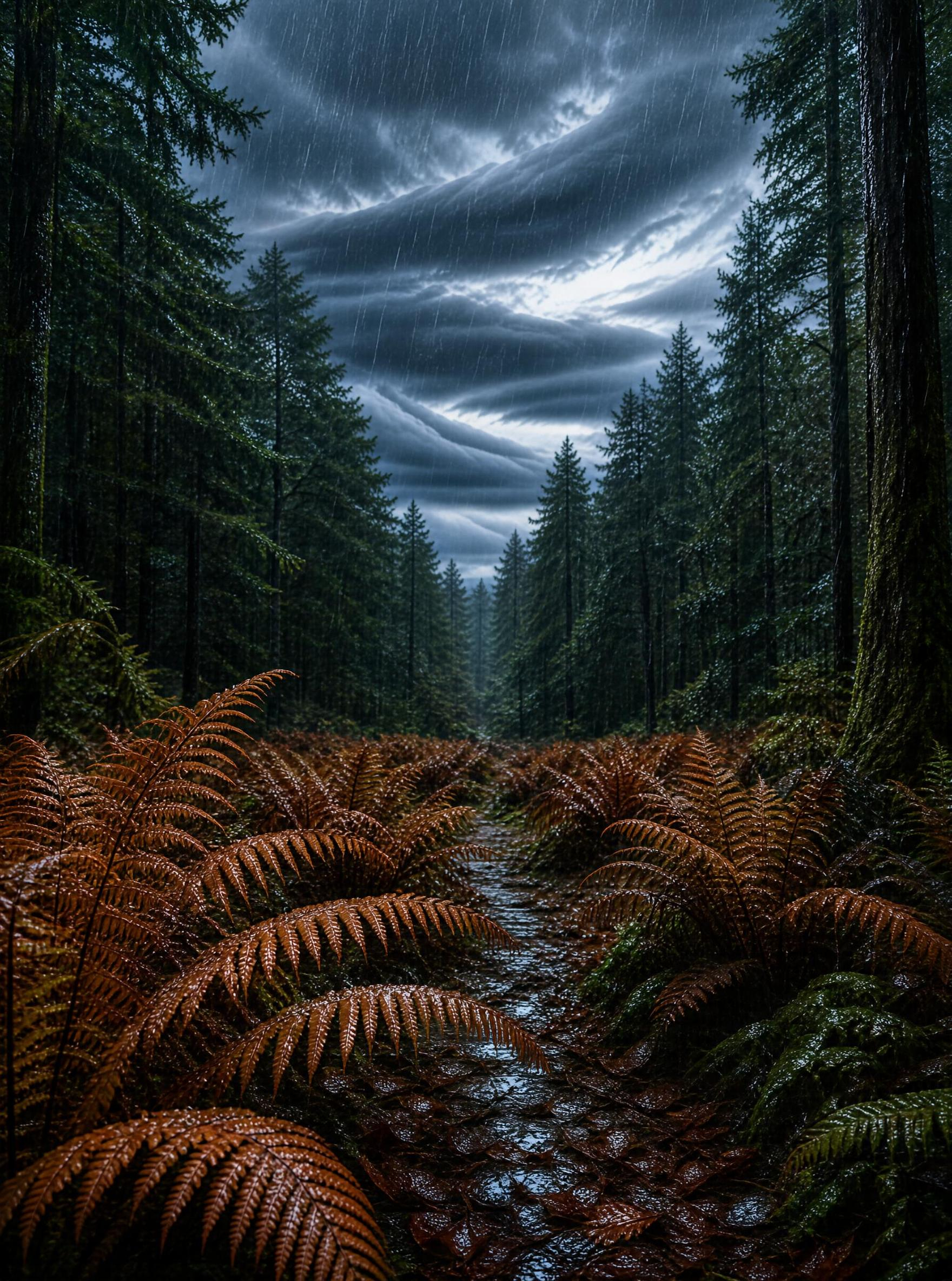 Rainy Forest Trail with Ferns