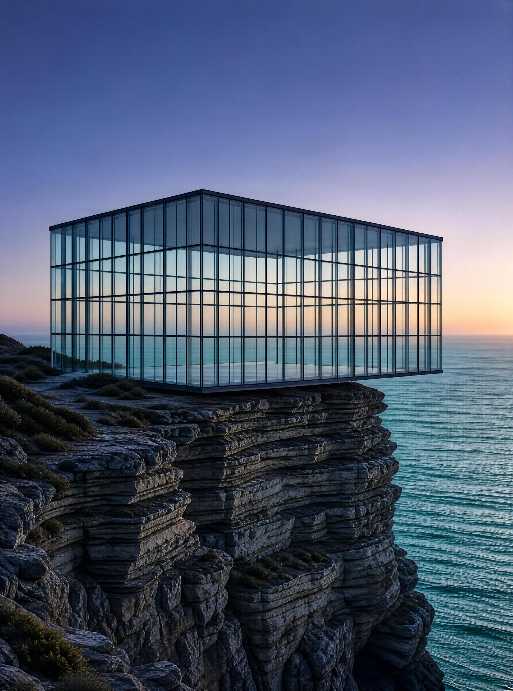 Glass Cube on Cliff by Sea