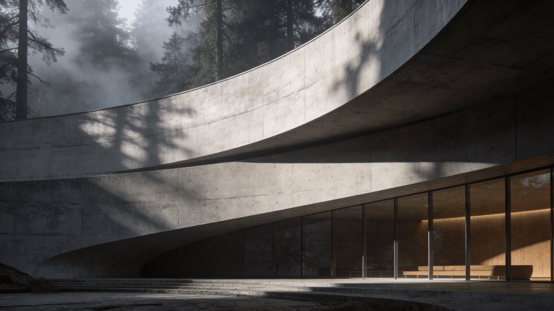 Museum with Curved Concrete — Misty Forest