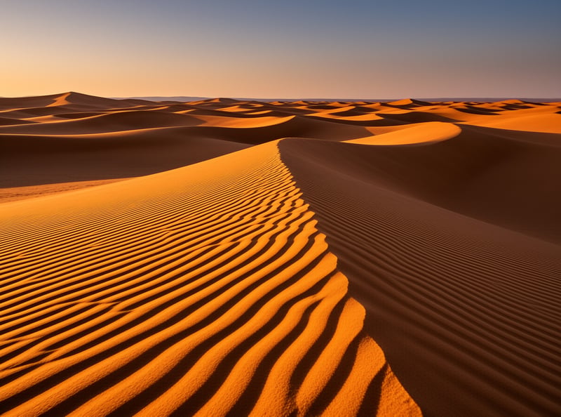 Cresting dunes glow deep orange as raked wind ripples run down their slopes toward a clear dusk horizon.