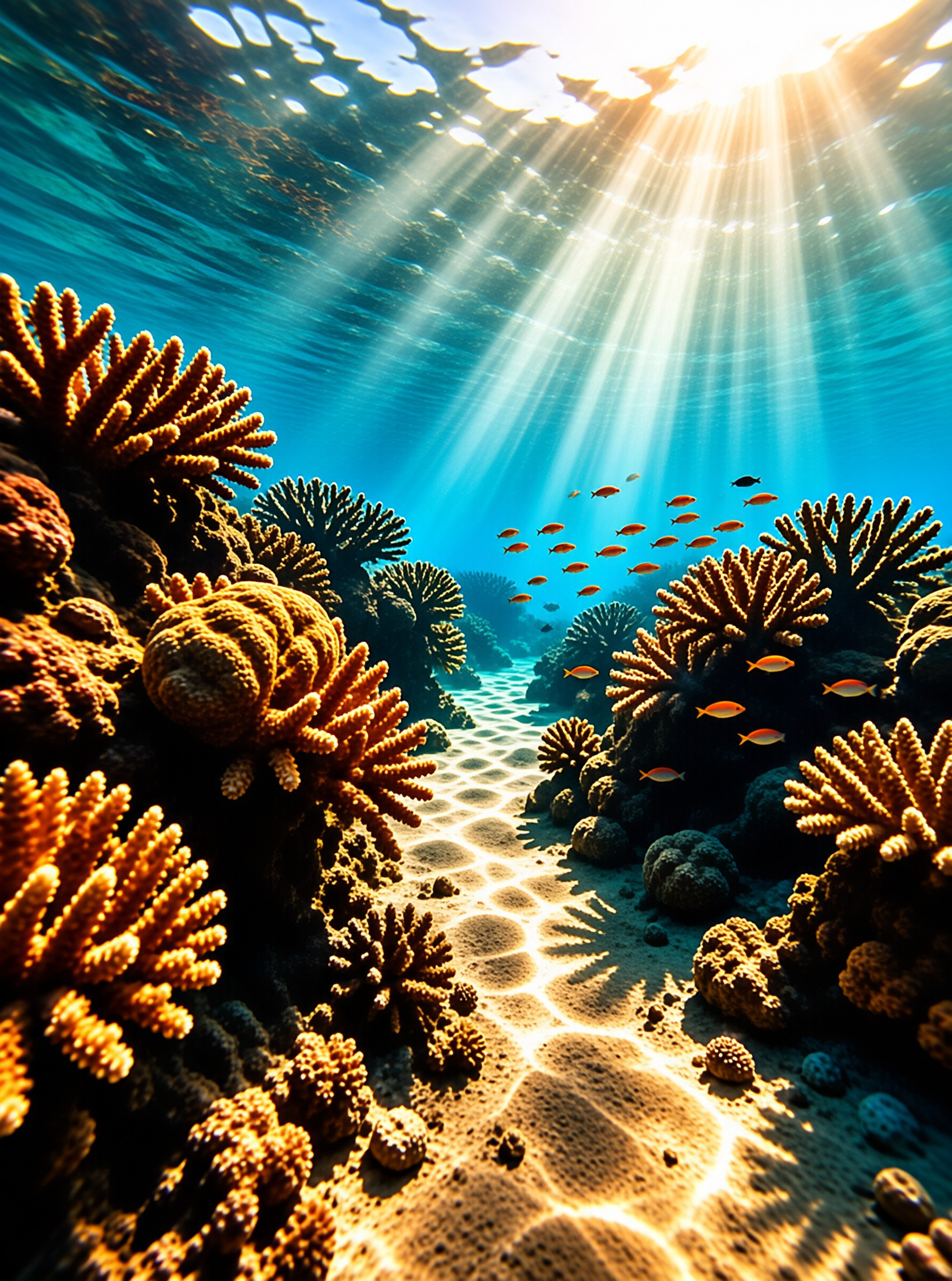 Small orange fish swim through a colorful coral reef as bright sunlight rays filter down from the ocean surface above.