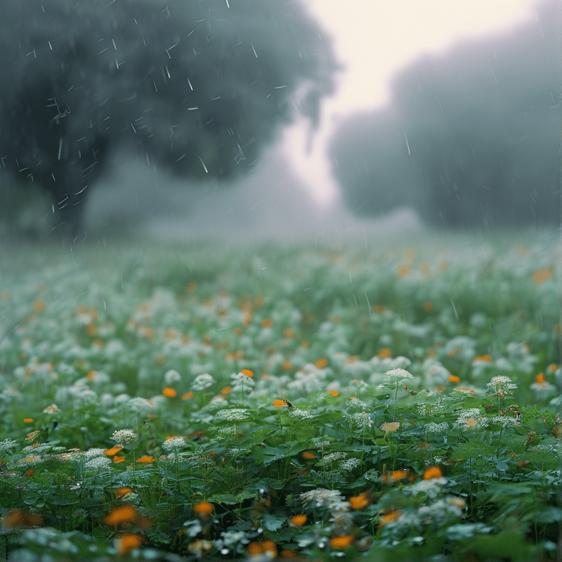 Small white and orange wildflowers grow in a wet green meadow under falling rain with a blurred tree background.