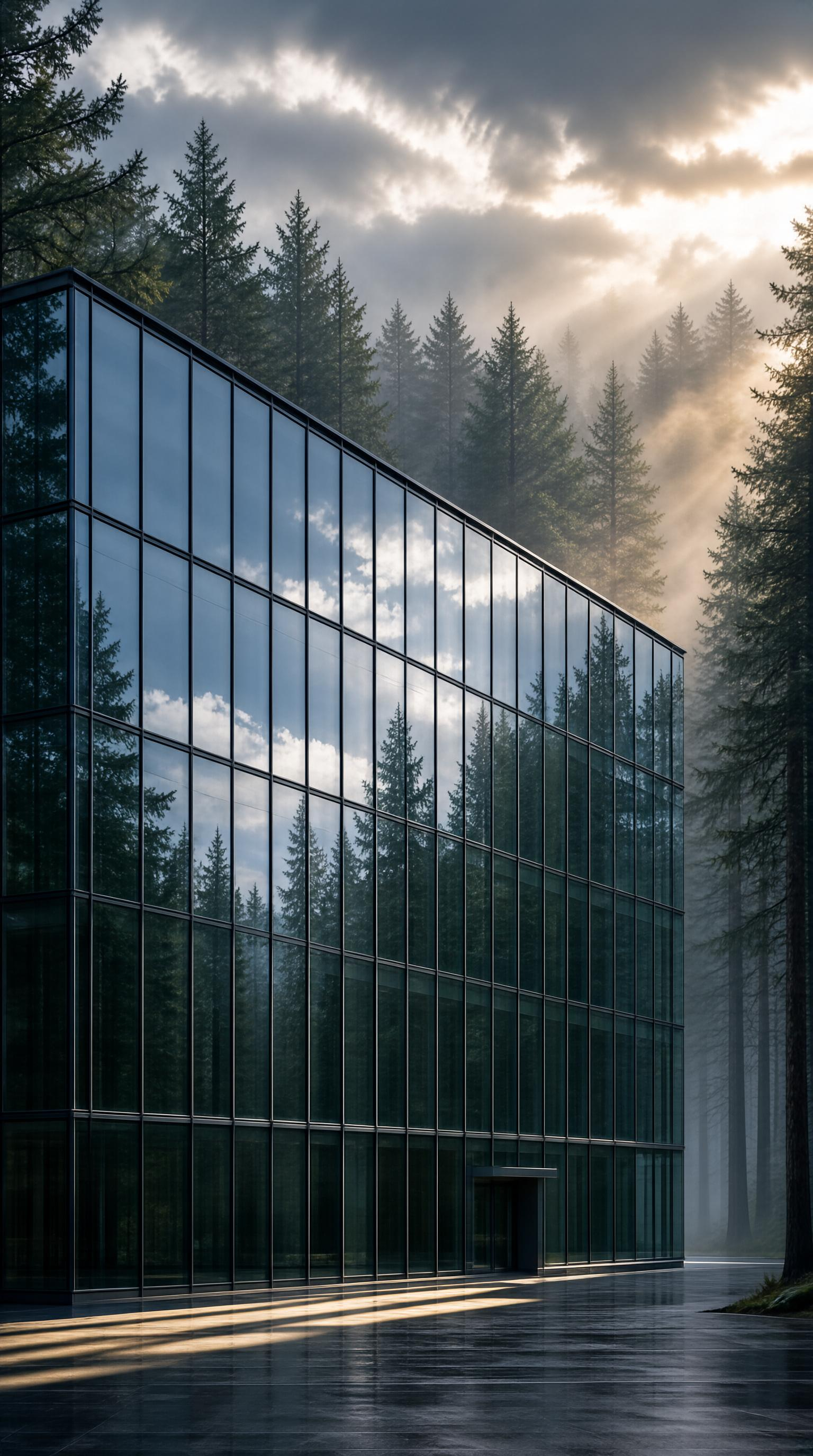 Modern Glass Building in Forest