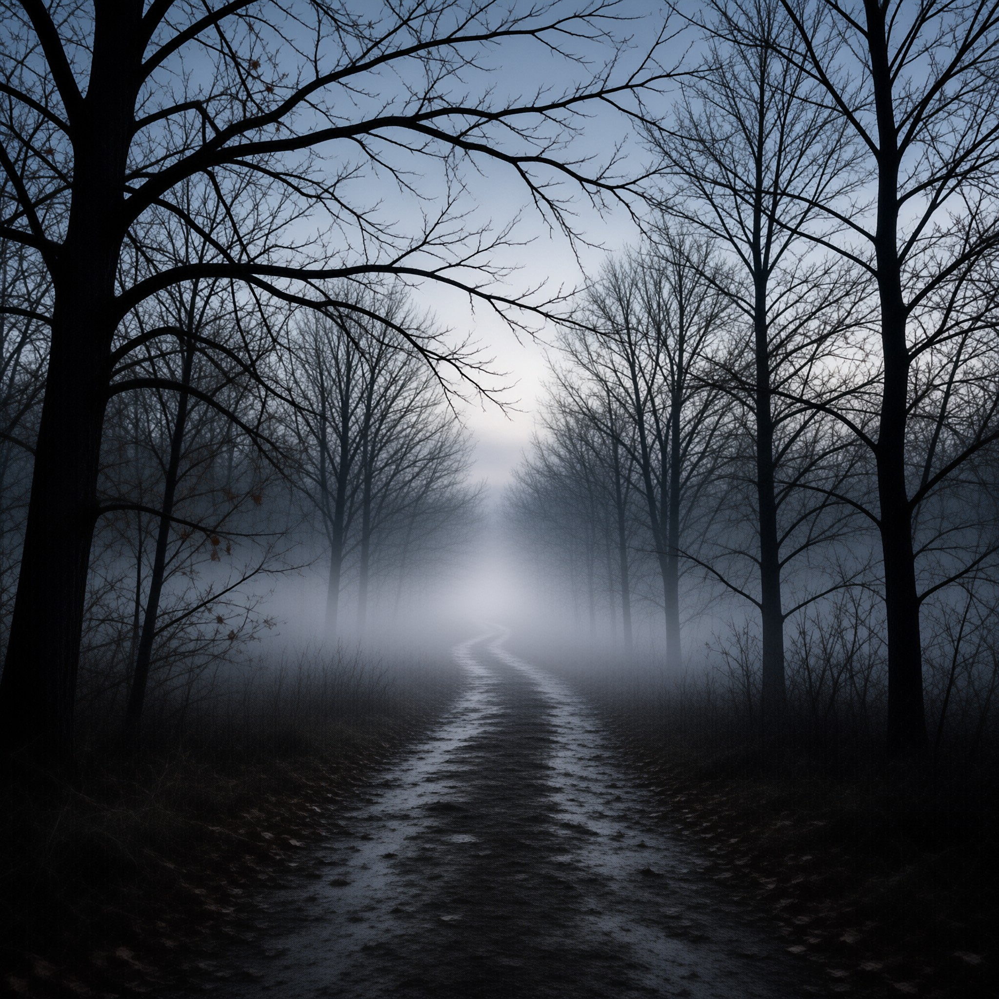 A damp dark forest road curves forward lined with leafless bare trees under dim grey foggy winter light